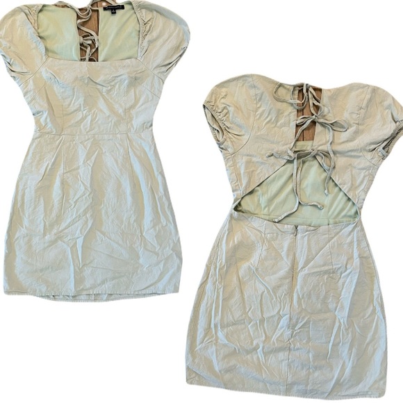 Kendall + Kylie Backless Puff Sleeve Tie Back Khaki Mini Dress | Light Green | S - Picture 3 of 16